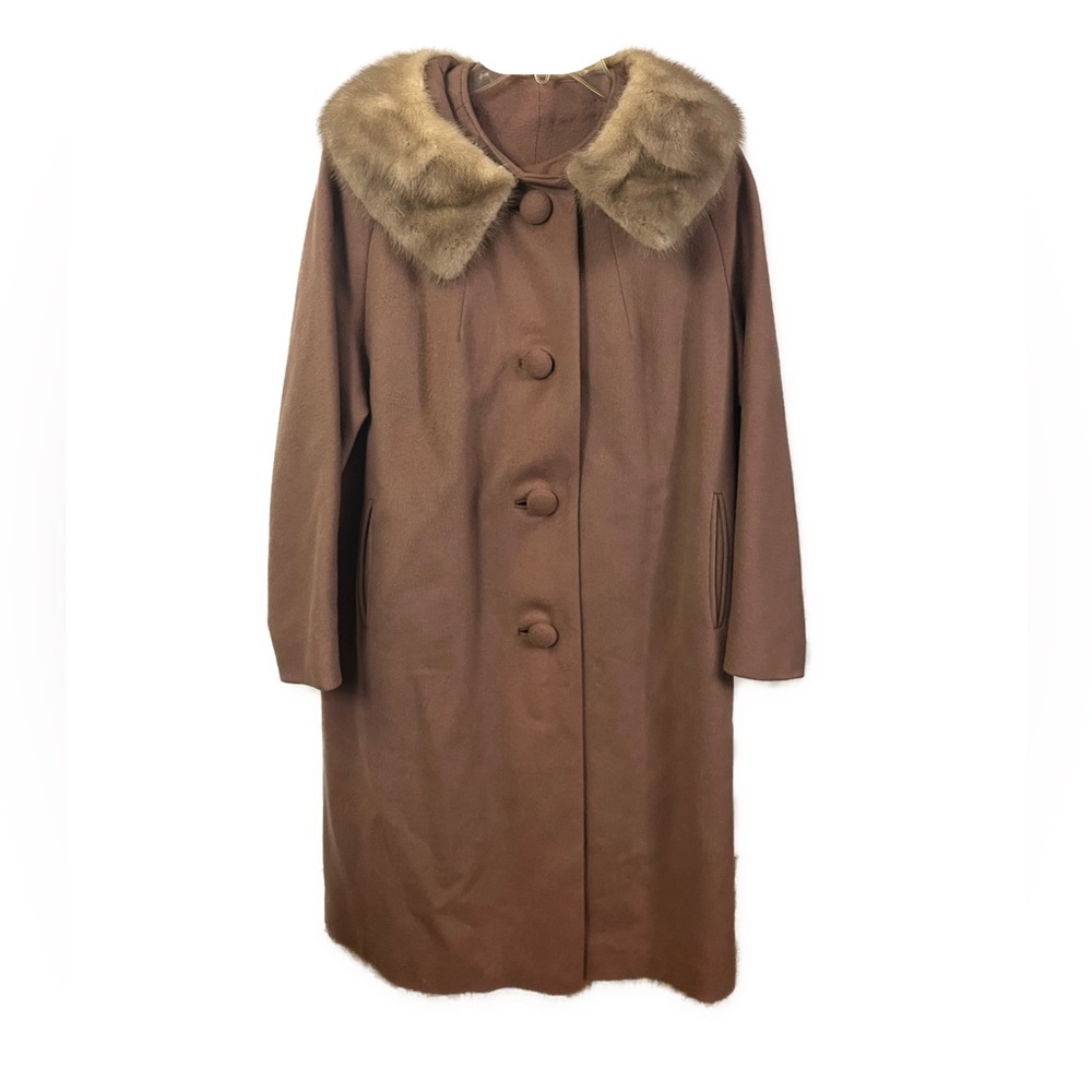 Vintage Women’s Fur Collar Union Made Pink Wool Full Length Over Coat Size Large